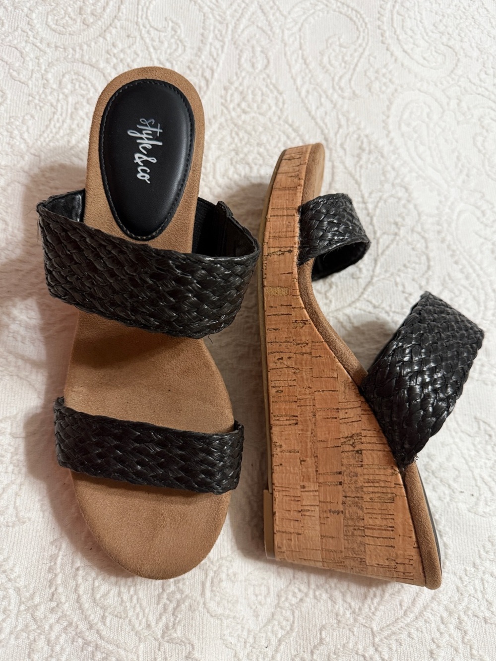 Style & Co. Size 9.5M Black Woven Double-Strap Cork Wedge Sandals